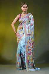 Handmade cloudy blue silk kantha stitch saree with circular mandala 6