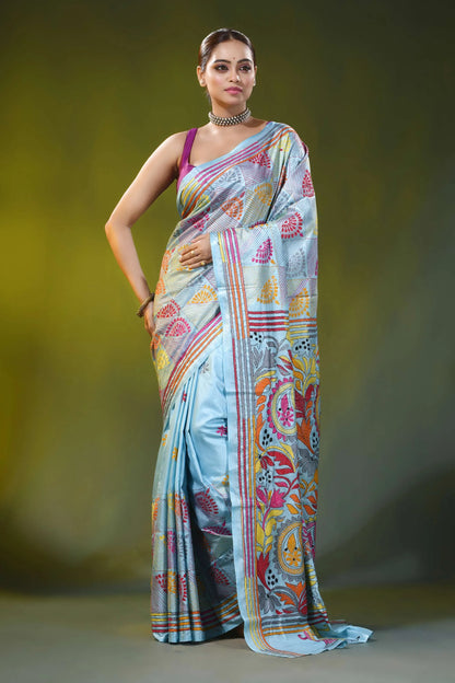 Handmade cloudy blue silk kantha stitch saree with circular mandala 6