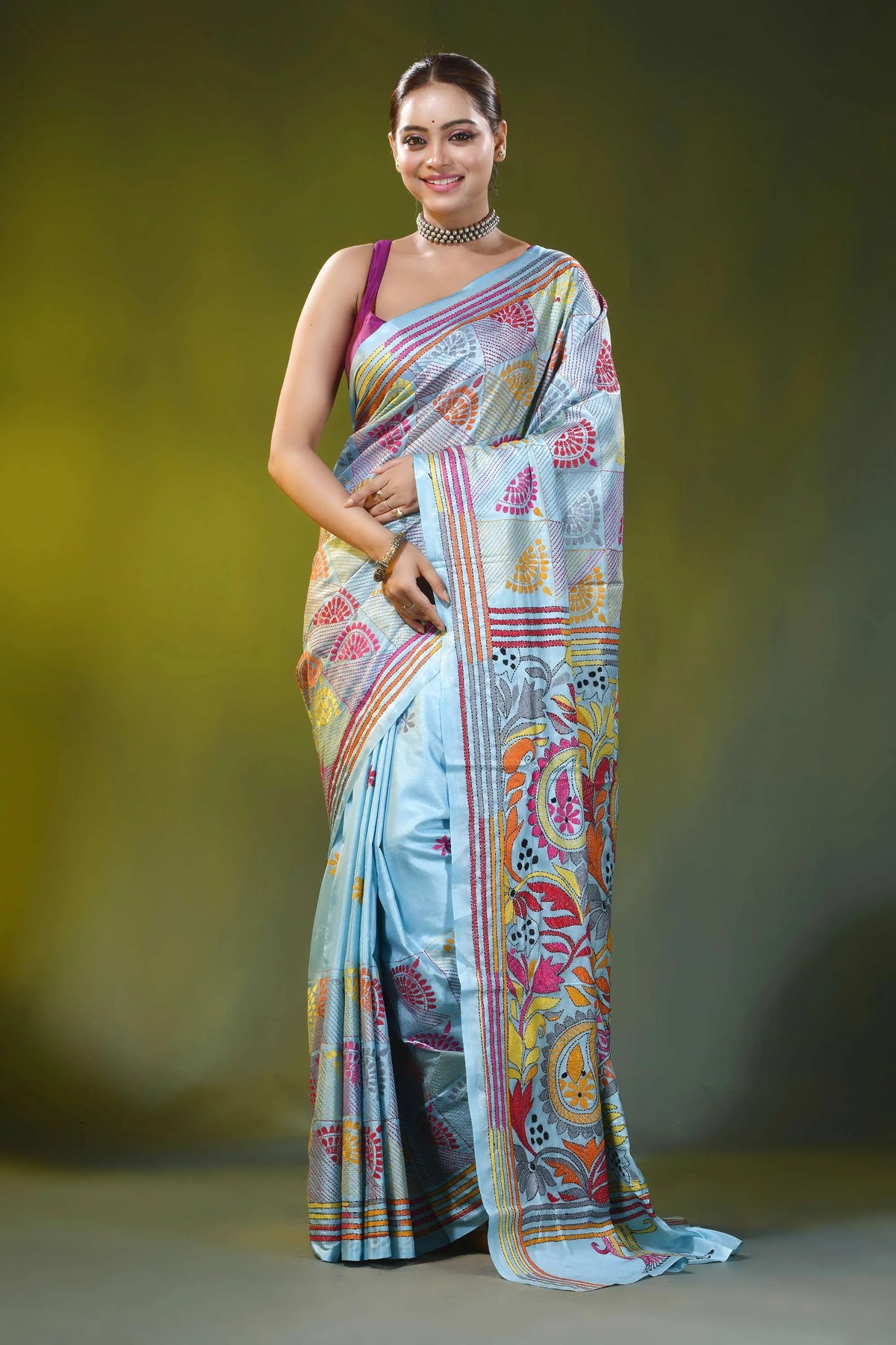 Handmade cloudy blue silk kantha stitch saree with circular mandala 1