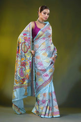 Handmade cloudy blue silk kantha stitch saree with circular mandala 4