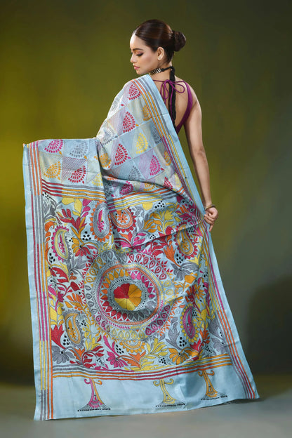 Handmade cloudy blue silk kantha stitch saree with circular mandala 5