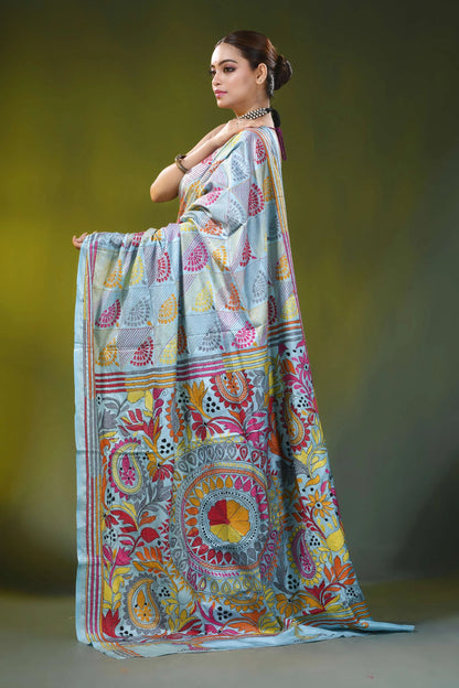 Handmade cloudy blue silk kantha stitch saree with circular mandala 3