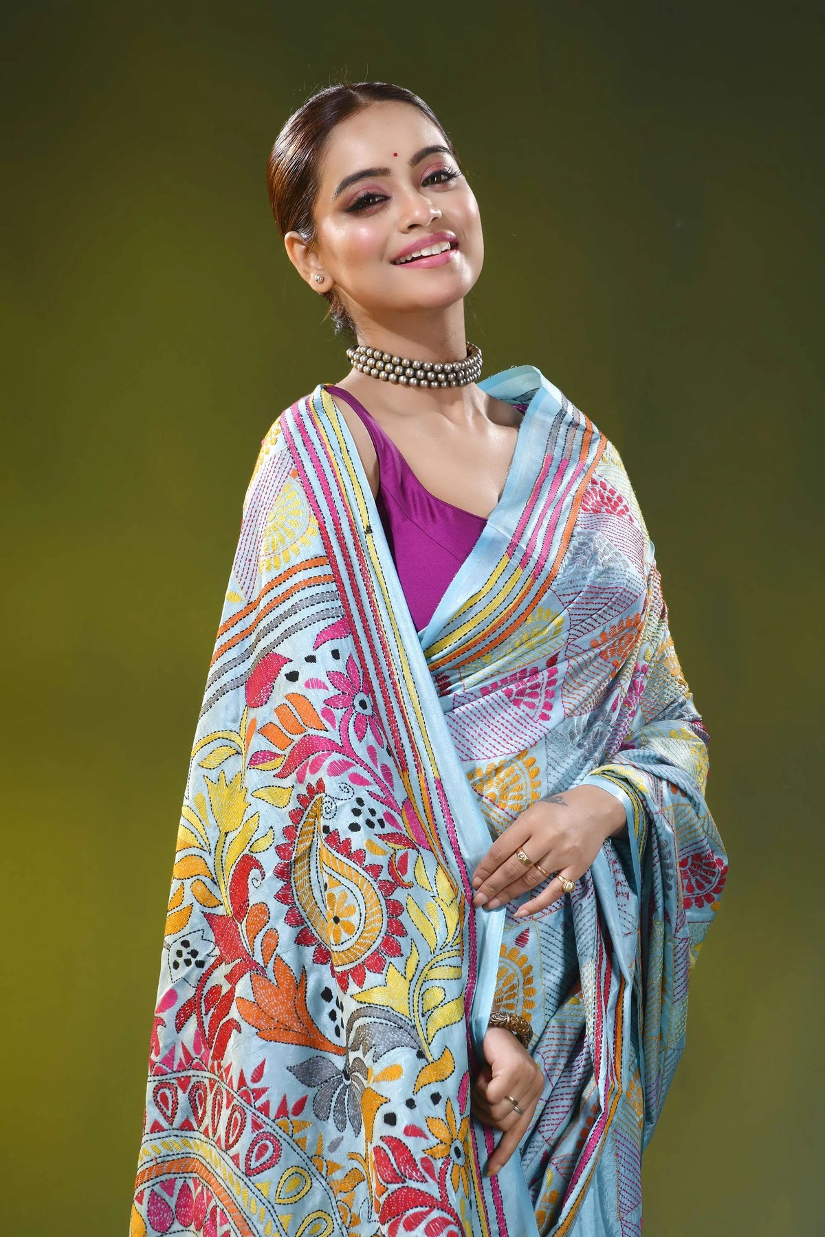 Handmade cloudy blue silk kantha stitch saree with circular mandala 2