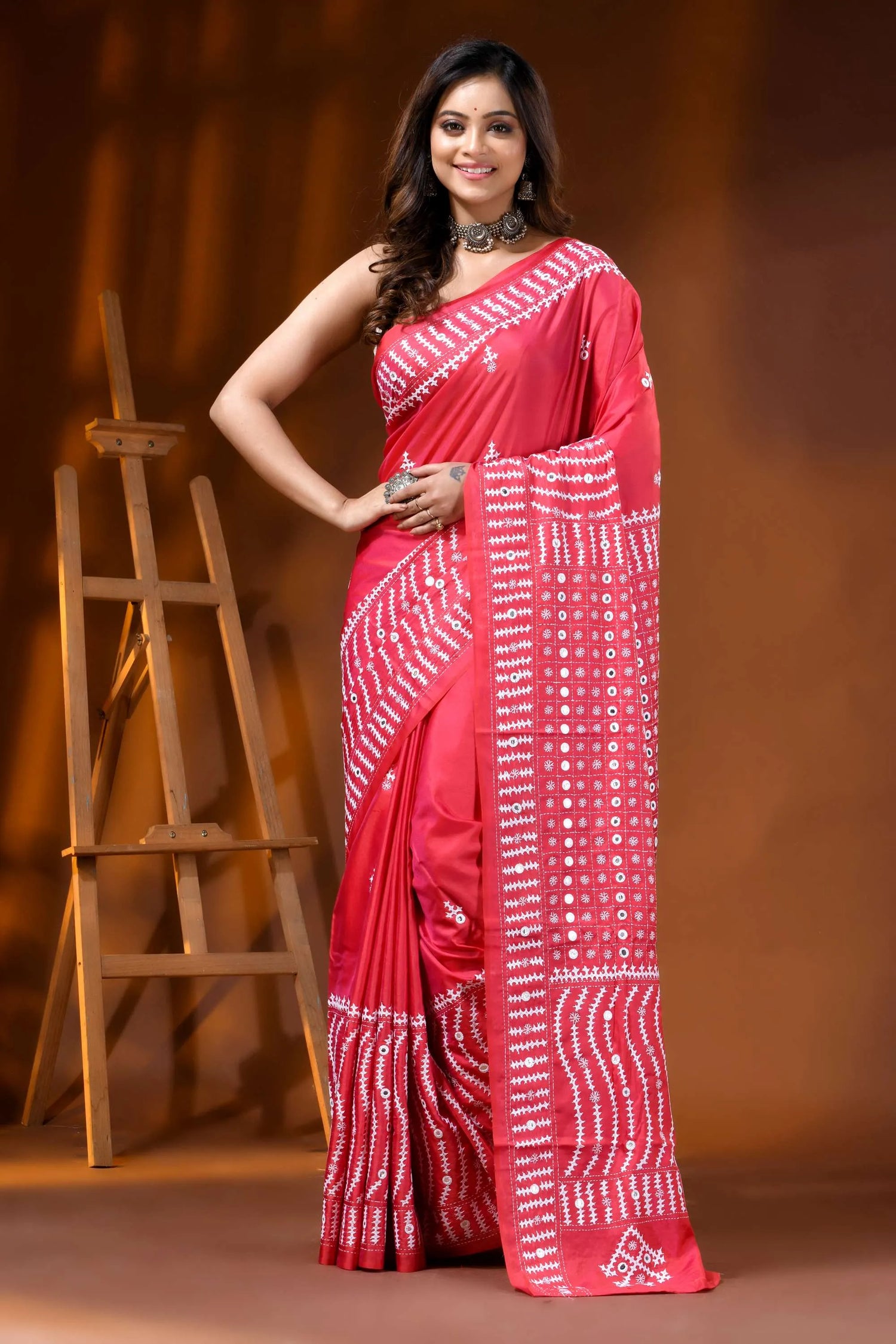 Handmade coral red silk gujarati stitch saree - geometric mirror work 1