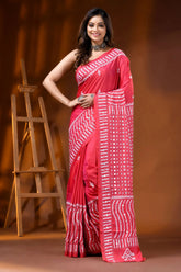 Handmade coral red silk gujarati stitch saree - geometric mirror work 1