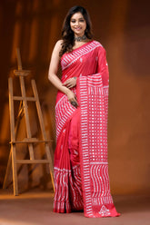 Handmade coral red silk gujarati stitch saree - geometric mirror work 6