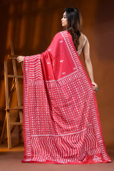 Handmade coral red silk gujarati stitch saree - geometric mirror work 5
