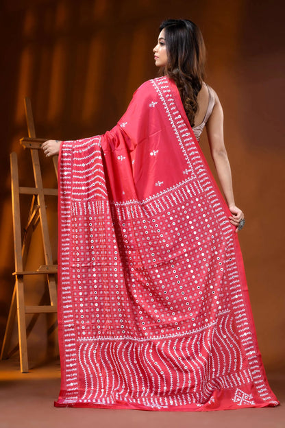 Handmade coral red silk gujarati stitch saree - geometric mirror work 5