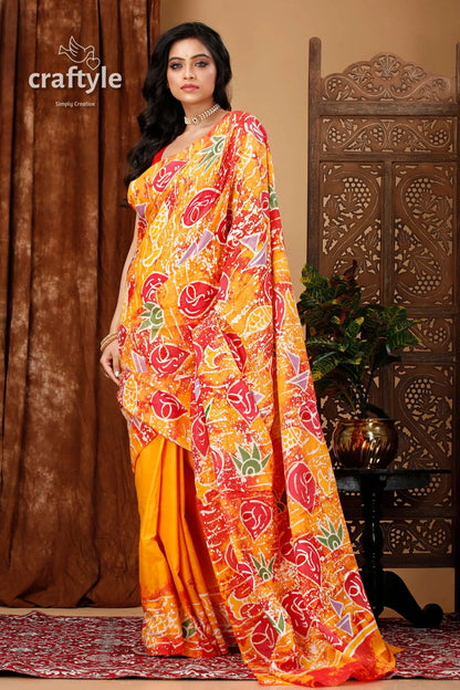 Handmade cotton batik saree abstract painting design orange red patterned saree 4