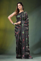 Handmade ebony black floral design kantha work silk saree intricate 6