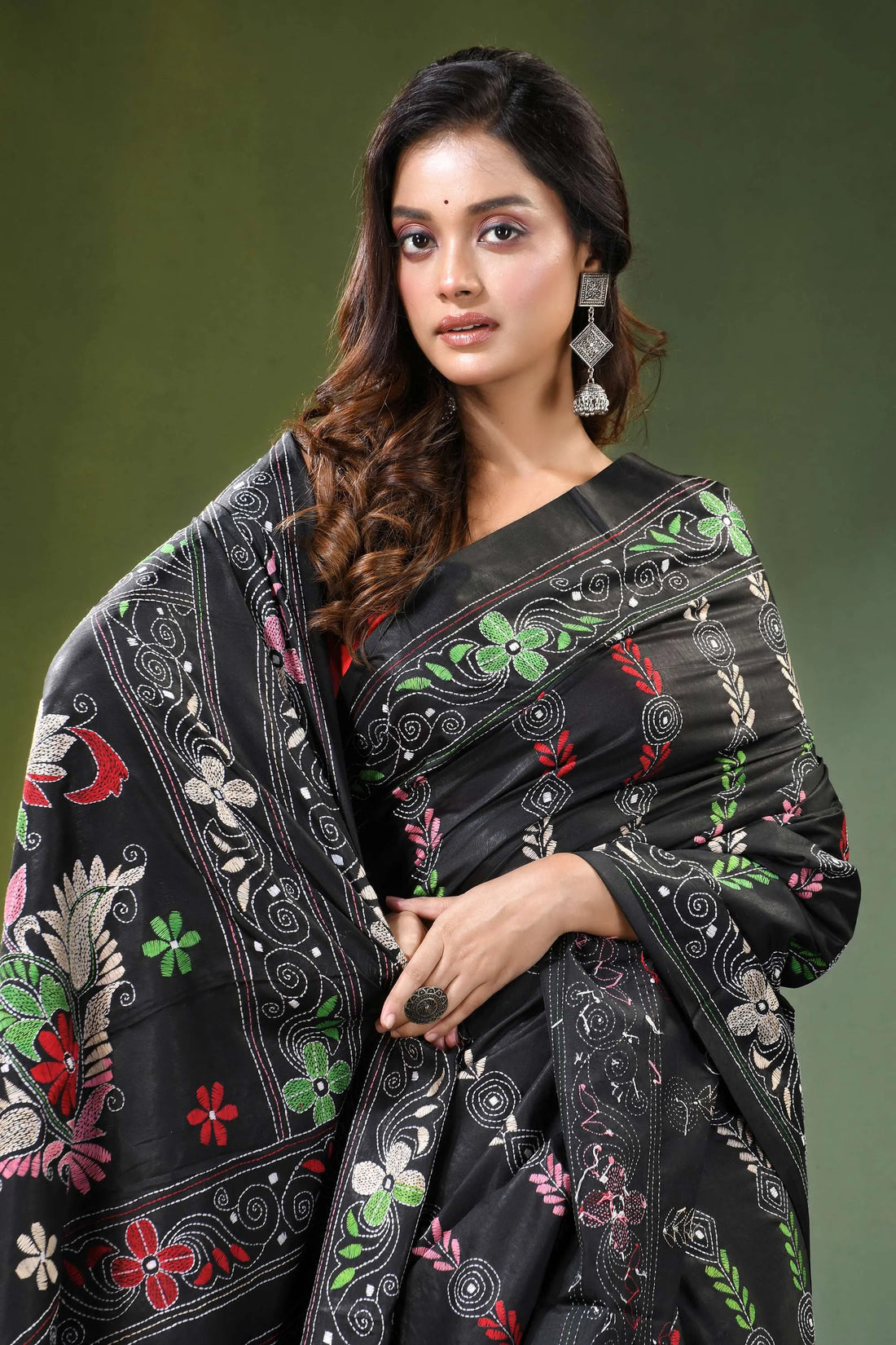 Handmade ebony black floral design kantha work silk saree intricate embroidery 2