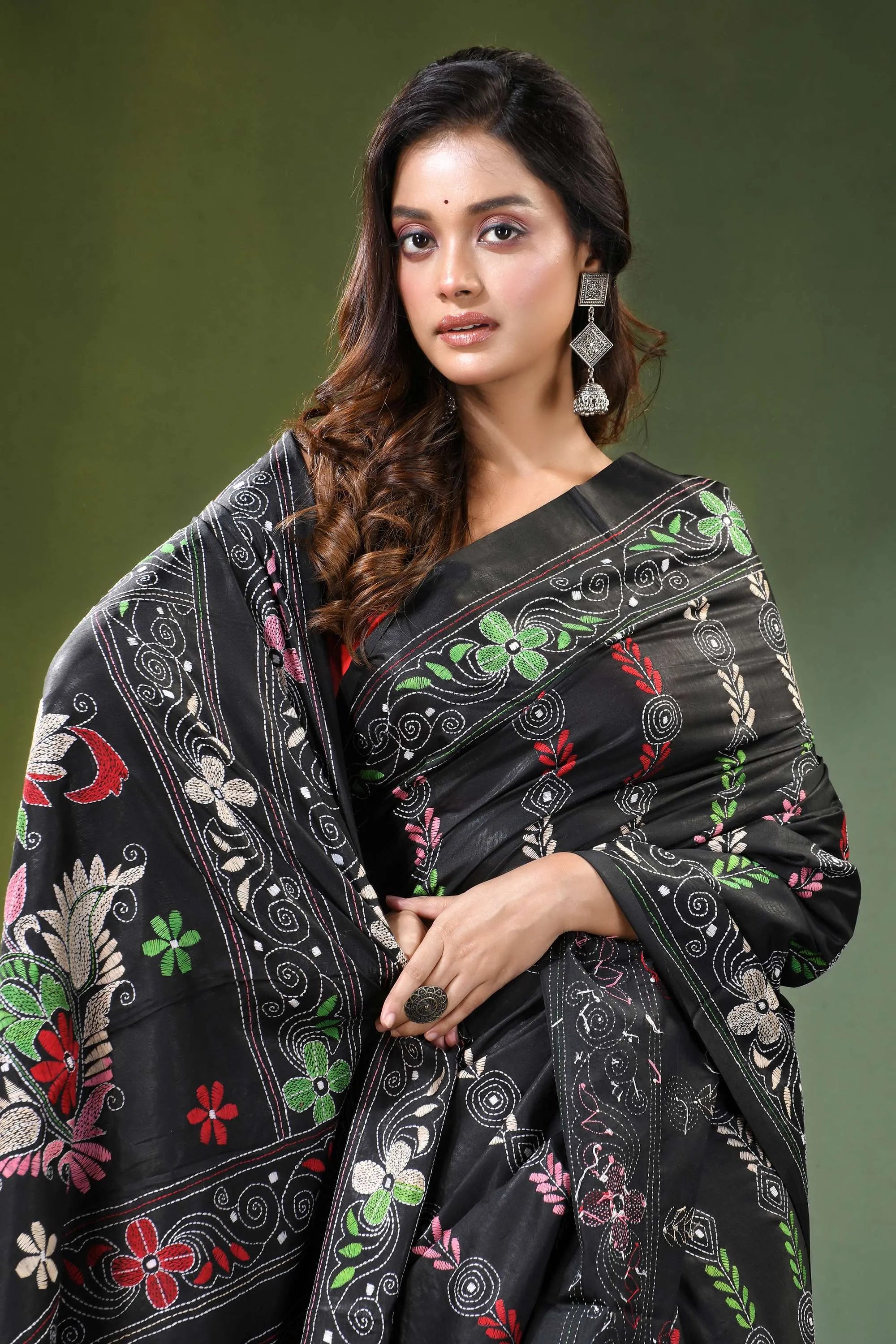 Handmade ebony black floral design kantha work silk saree intricate embroidery 2