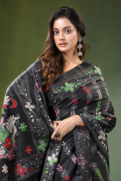 Handmade ebony black floral design kantha work silk saree intricate embroidery 2