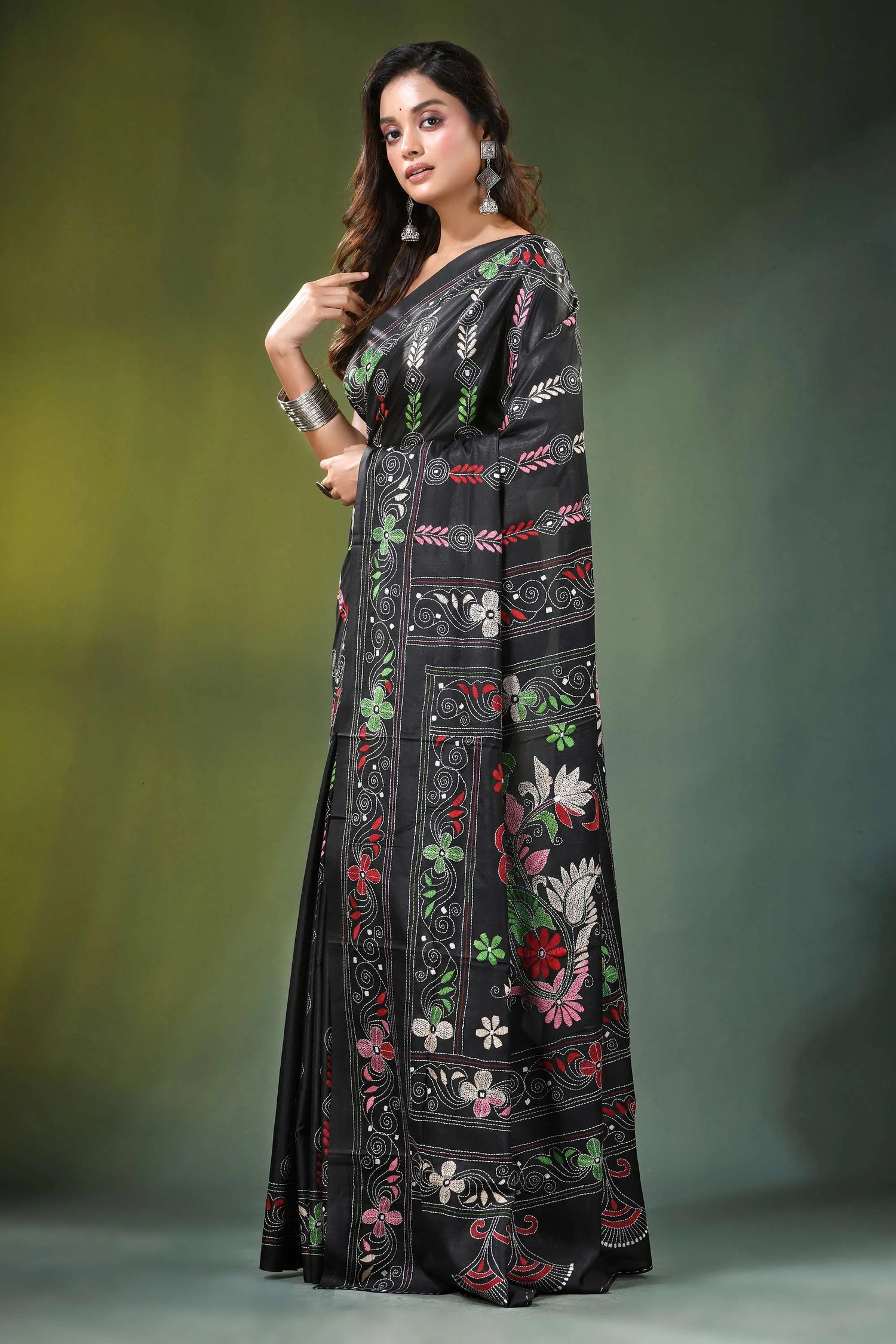 Handmade ebony black floral design kantha work silk saree adorned intricate 3