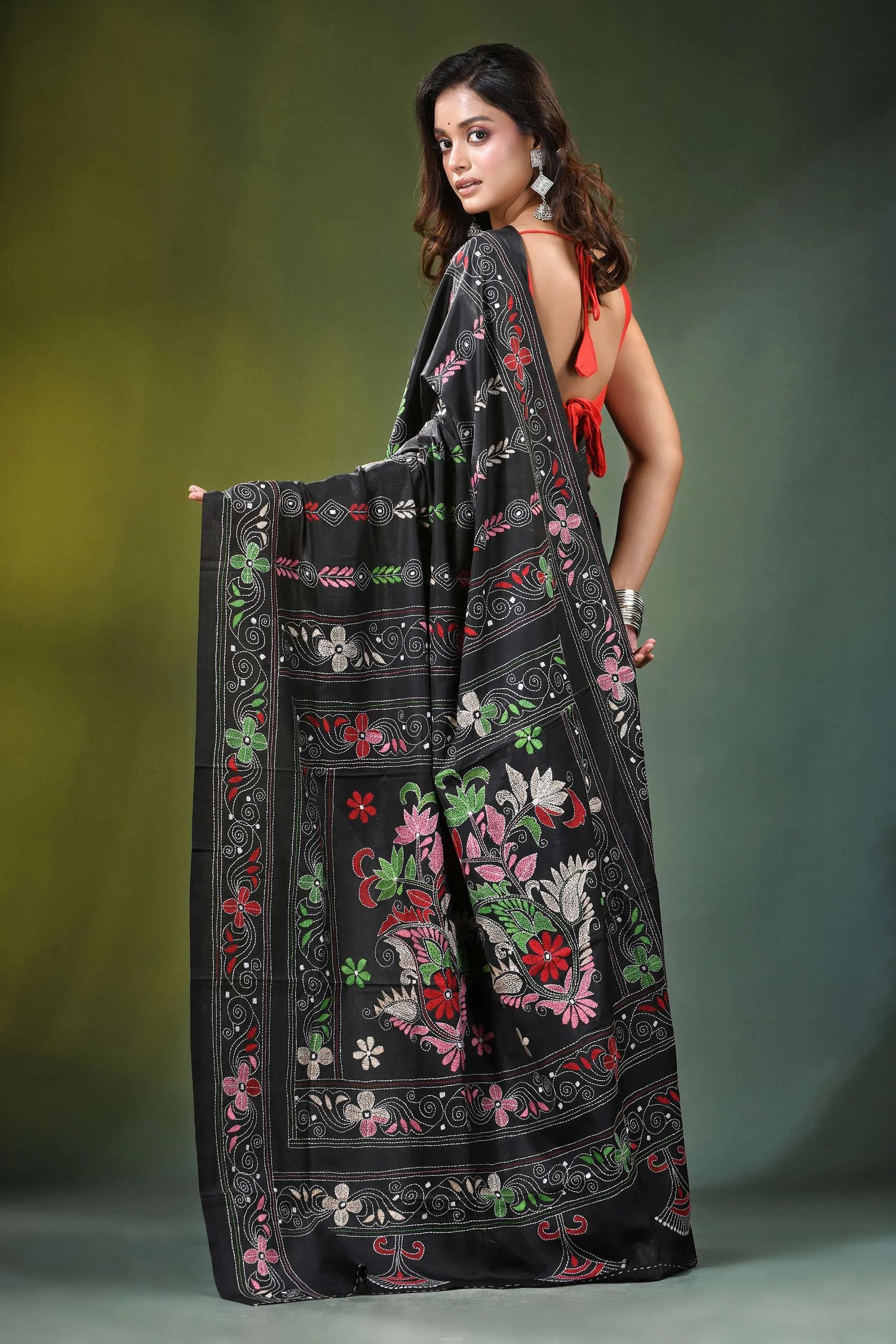 Handmade ebony black floral design kantha work silk saree intricate 5