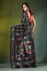 Handmade ebony black floral design kantha work silk saree intricate 5