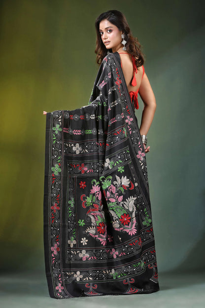 Handmade ebony black floral design kantha work silk saree intricate 5