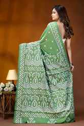 Handmade emerald green paisley design kutch work silk saree woman wears vibrant green saree 5