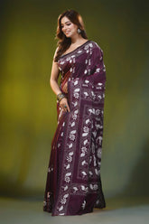 Handmade ethnic motif crater brown silk kantha embroidery saree 3