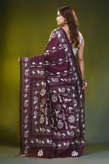 Handmade ethnic motif crater brown silk kantha embroidery saree 4