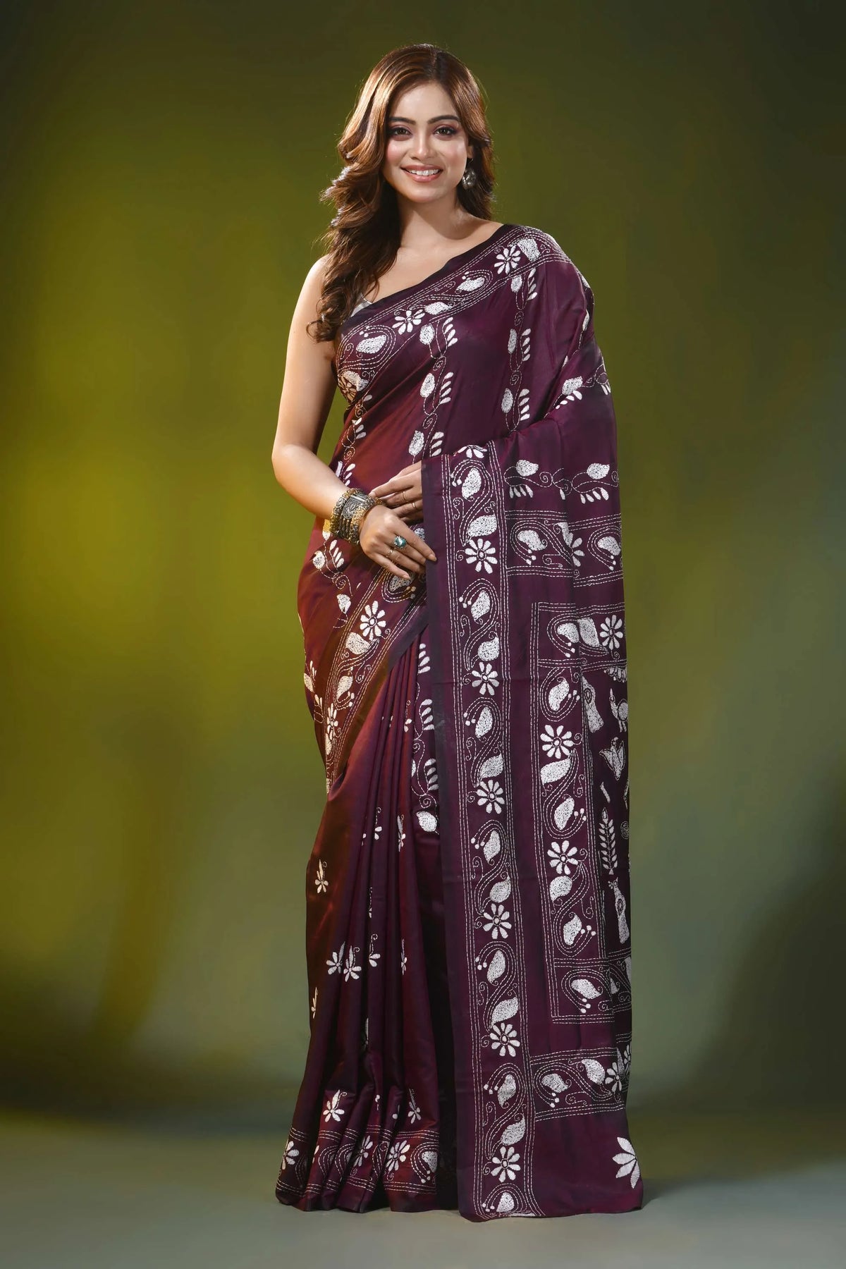 Handmade ethnic motif crater brown silk kantha embroidery saree 1