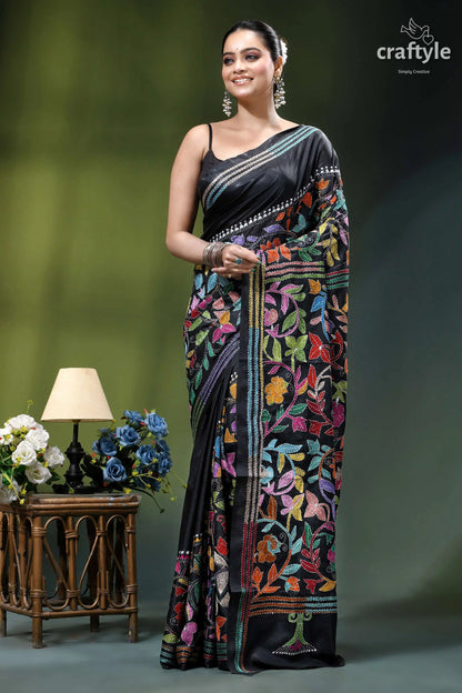 Handmade floral design black ethnic silk kantha stitched saree black embroidered saree vibrant multicolored 7