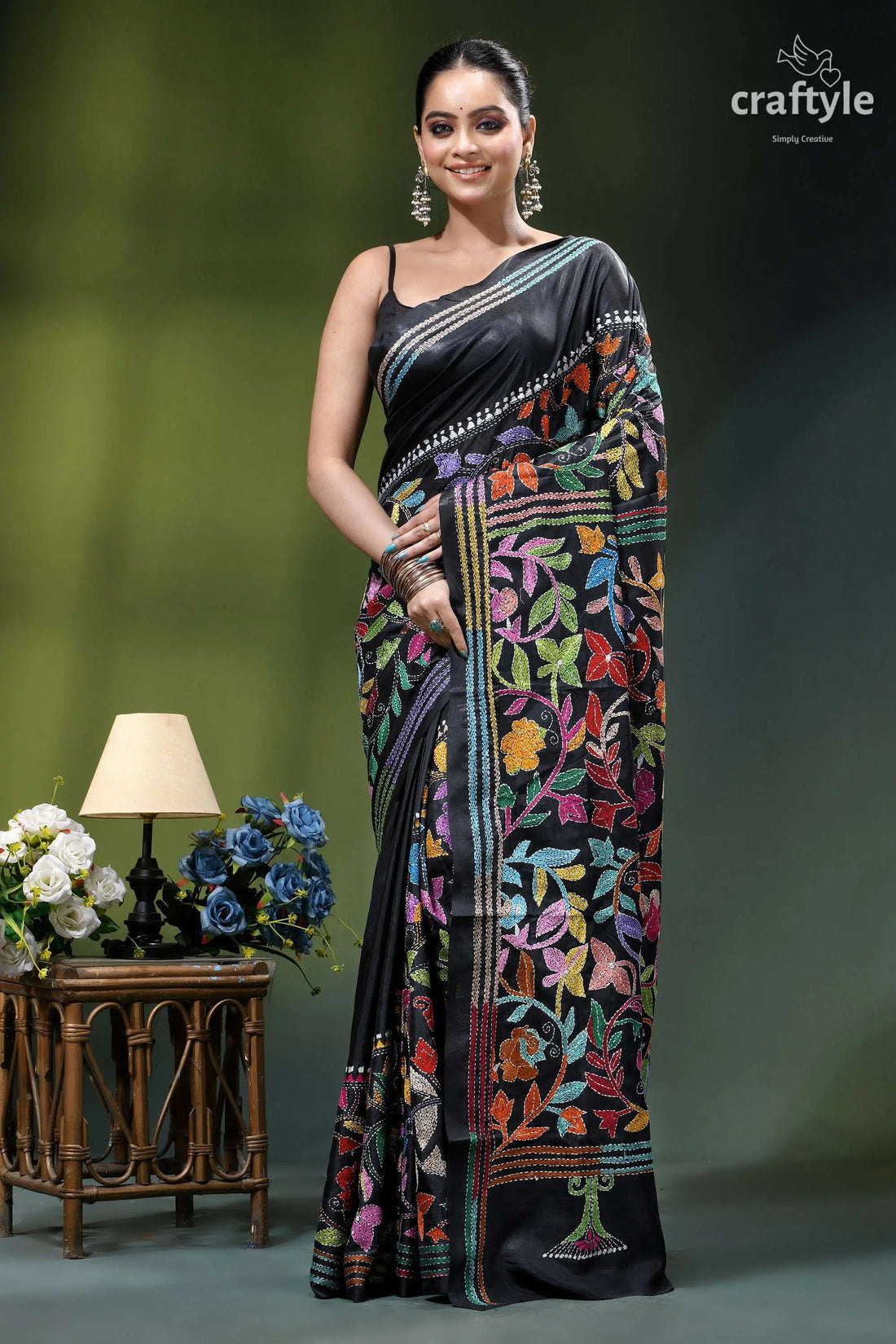 Handmade floral design black ethnic silk kantha stitched saree black silk saree vibrant multicolored 1