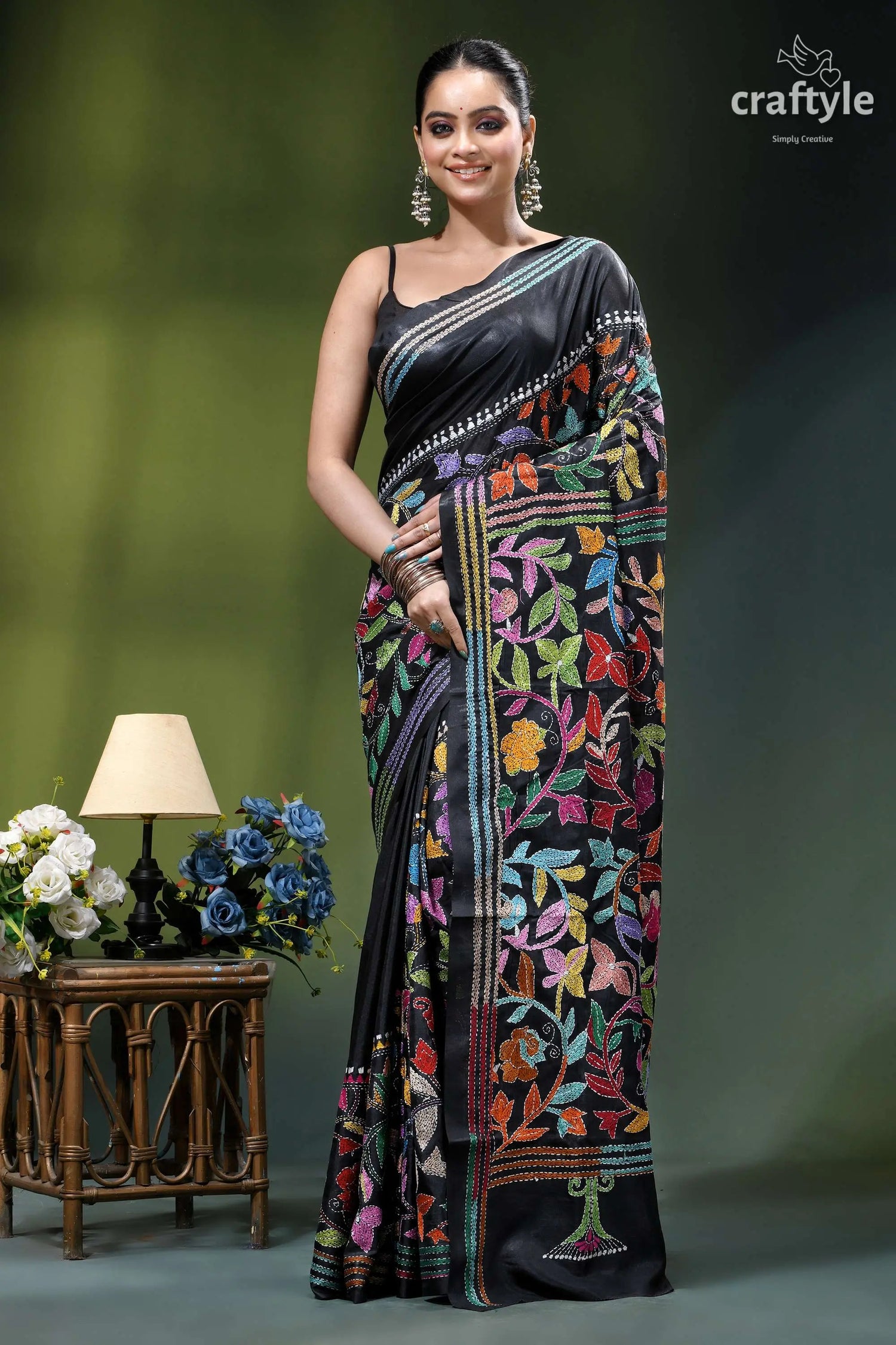 Handmade floral design black ethnic silk kantha stitched saree black silk saree vibrant multicolored 1