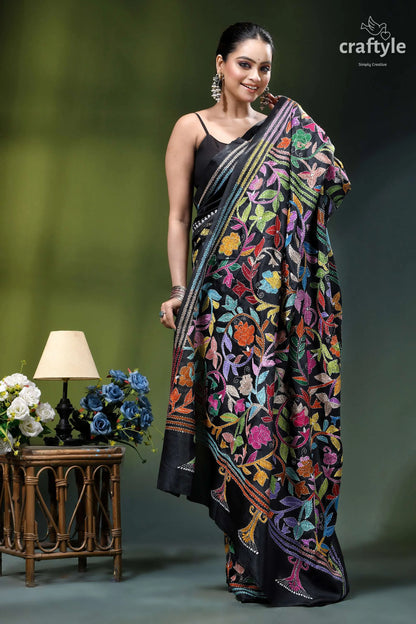 Handmade floral design black ethnic silk kantha stitched saree black embroidered saree vibrant multicolored 6