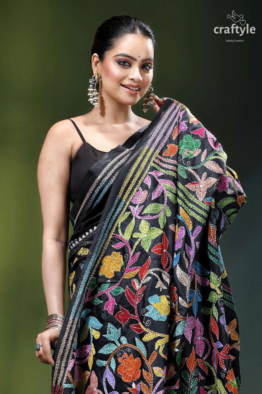 Handmade floral design black ethnic silk kantha stitched saree black saree vibrant multicolored floral 2