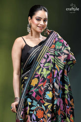 Handmade floral design black ethnic silk kantha stitched saree black saree vibrant multicolored floral 2