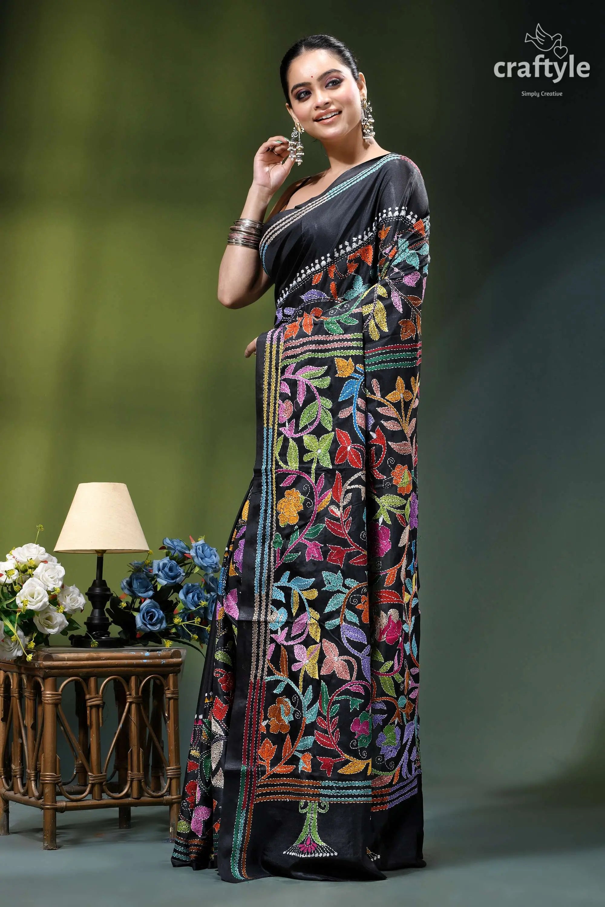 Handmade floral design black ethnic silk kantha stitched saree black silk saree adorned vibrant 3