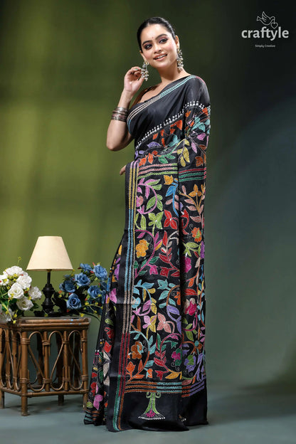 Handmade floral design black ethnic silk kantha stitched saree black silk saree adorned vibrant 3
