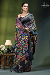 Handmade floral design black ethnic silk kantha stitched saree black silk saree vibrant multicolored 4