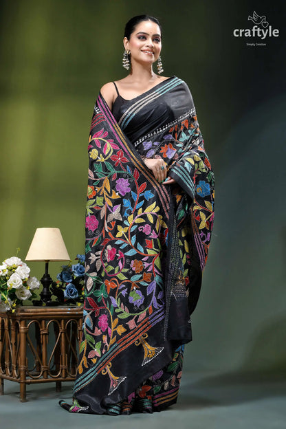 Handmade floral design black ethnic silk kantha stitched saree black silk saree vibrant multicolored 4