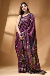 Handmade floral motif ethnic silk kantha stitch saree in plum rich purple saree intricate floral 5