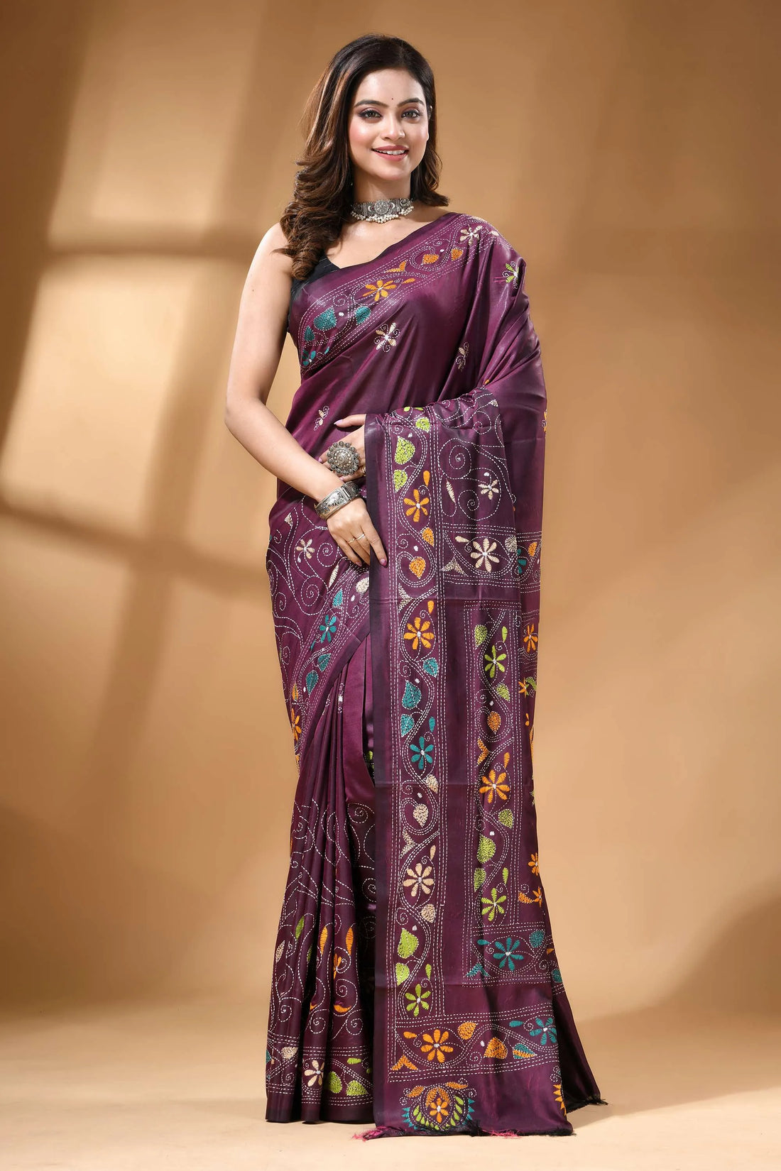 Handmade floral motif ethnic silk kantha stitch saree in plum rich purple saree adorned intricate 1