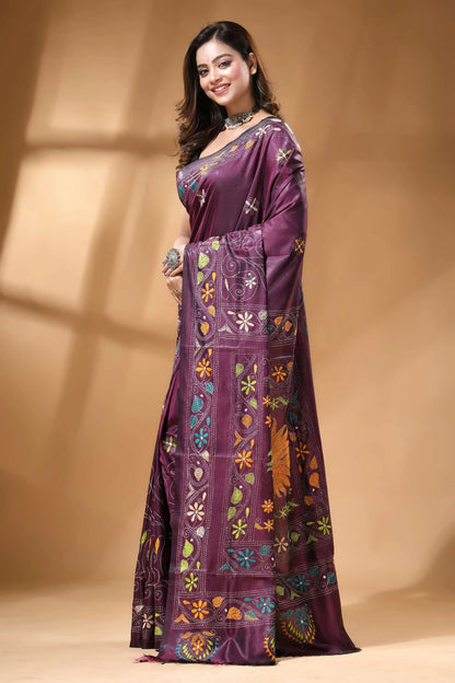 Handmade floral motif ethnic silk kantha stitch saree in plum rich purple saree adorned intricate 3