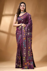 Handmade floral motif ethnic silk kantha stitch saree in plum rich purple silk saree adorned 6
