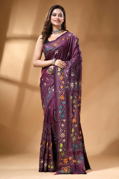Handmade floral motif ethnic silk kantha stitch saree in plum rich purple silk saree adorned 6