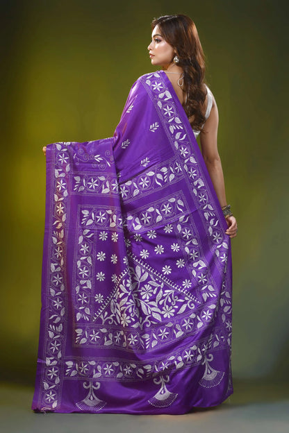 Handmade floral paisley motif purple silk kantha stitch saree 5