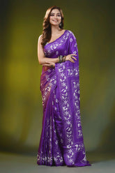Handmade floral paisley motif purple silk kantha stitch saree 6
