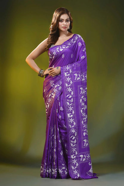 Handmade floral paisley motif purple silk kantha stitch saree 1