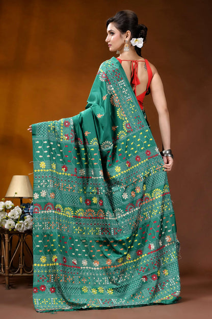 Handmade green floral motif silk lambani embroidery saree emerald green saree intricate floral 5