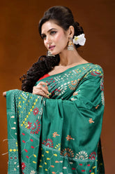 Handmade green floral motif silk lambani embroidery saree emerald green silk saree intricate 2