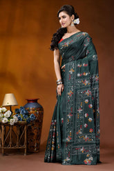 Handmade jungle green silk kantha saree with multicolor fish motif emerald green silk saree adorned 3
