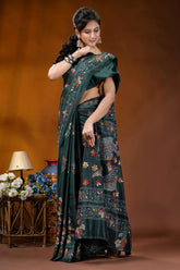 Handmade jungle green silk kantha saree with multicolor fish motif dark green silk saree adorned 4