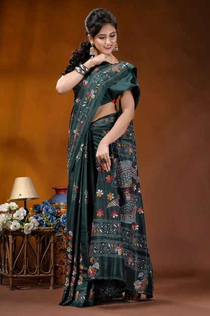 Handmade jungle green silk kantha saree with multicolor fish motif dark green silk saree adorned 4