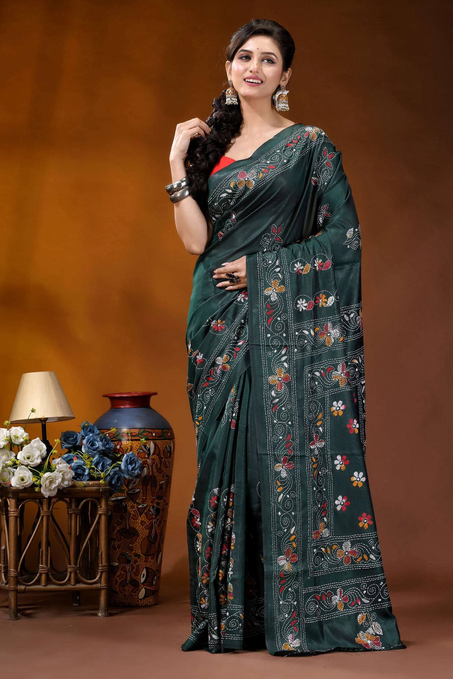 Handmade jungle green silk kantha saree with multicolor fish motif dark green silk saree adorned 6