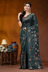 Handmade jungle green silk kantha saree with multicolor fish motif dark green silk saree adorned 6